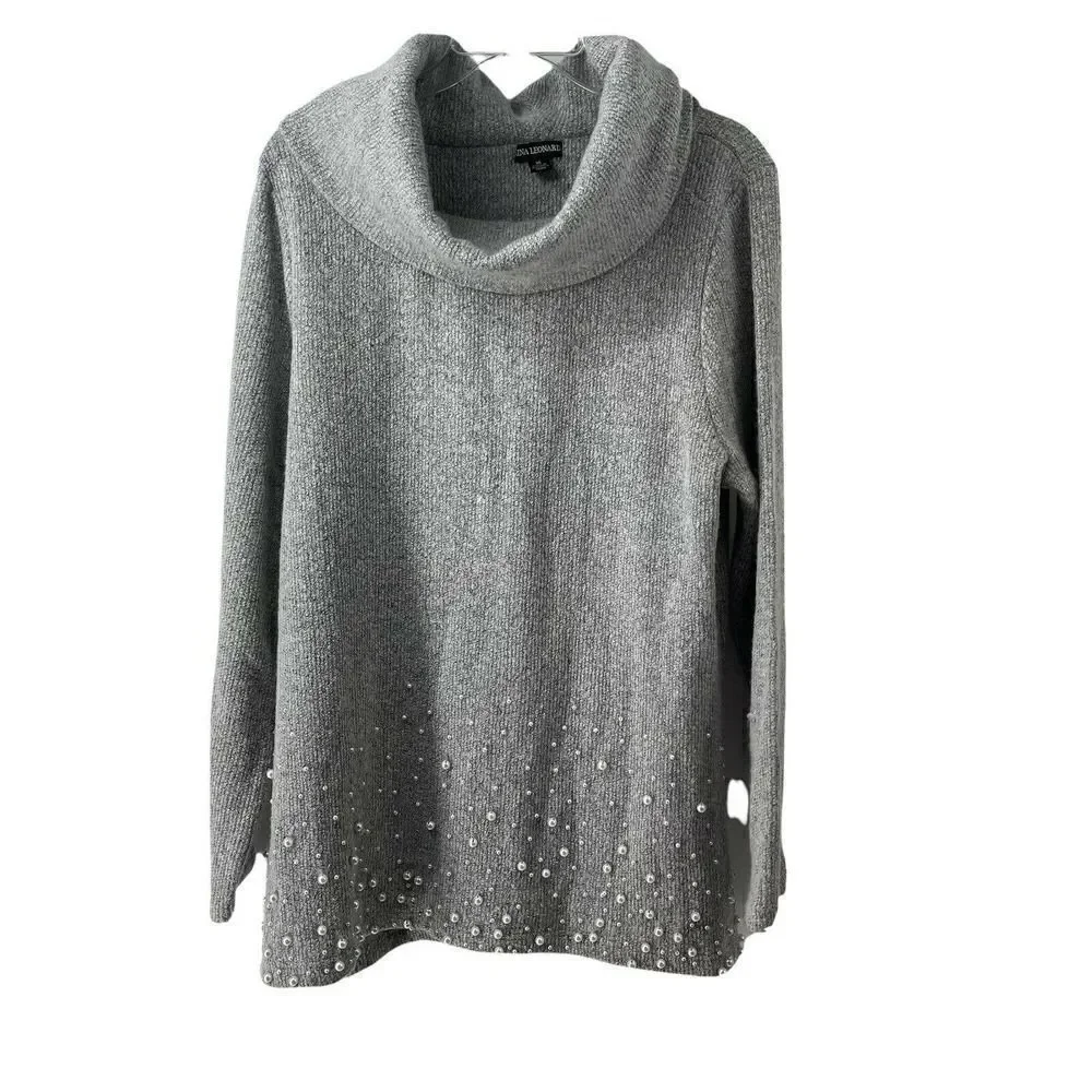 Cowl Neck Sweater Womens Size XL Gray Embellished Pearl Nina Leonard Brand Cute